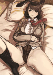 Rule 34 | 1girl, animal ears, bad id, bad pixiv id, black socks, brown eyes, brown hair, hand on own stomach, highres, hire, jewelry, kaqo, leotard, lying, nail polish, necklace, necktie, on back, open mouth, original, pillow, rabbit ears, school uniform, socks, solo, spread legs, thighs
