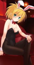Rule 34 | 1girl, :&lt;, absurdres, animal ears, arm support, bare arms, bare shoulders, black leotard, black pantyhose, blonde hair, blush, bow, bowtie, breasts, cleavage, couch, covered navel, crossed legs, detached collar, dutch angle, fake animal ears, female focus, green eyes, hair between eyes, hairband, hand on own knee, hidan no aria, hidan no aria aa, highres, hino raika, indoors, kobuichi, legs, leotard, pantyhose, playboy bunny, ponytail, rabbit ears, scan, short hair, short ponytail, shy, sitting, solo, strapless, wrist cuffs