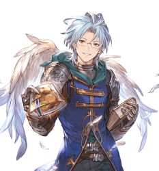 Rule 34 | 1boy, altair (granblue fantasy), belt, blue hair, blue shirt, cookie, feathers, food, gauntlets, gift, glasses, granblue fantasy, incoming gift, male focus, minaba hideo, official art, parted lips, pov, shirt, smile, solo, transparent background, white day, wings, yellow eyes