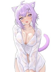 absurdres animal_ear_fluff animal_ears bottomless breasts cat_ears cat_girl cat_tail cleavage collarbone cowboy_shot highres hololive nekomata_okayu purple_eyes purple_hair purple_tail see-through_clothes see-through_shirt shirt simple_background tail virtual_youtuber warg_game wet wet_clothes wet_shirt white_background white_shirt