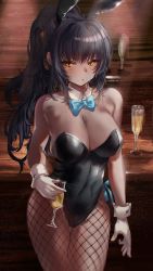 Rule 34 | 1girl, absurdres, animal ears, armpits, bare shoulders, black hair, black leotard, blue archive, blue bow, bow, bowtie, breasts, champagne flute, cleavage, closed mouth, commentary request, cowboy shot, cup, curvy, dark-skinned female, dark skin, detached collar, drinking glass, earrings, fake animal ears, fishnet pantyhose, fishnets, gloves, high ponytail, highres, jewelry, karin (blue archive), karin (bunny) (blue archive), large breasts, leotard, long hair, looking at viewer, pantyhose, playboy bunny, rabbit ears, rabbit tail, shiny clothes, shiny skin, shuru y, sidelocks, solo, strapless, strapless leotard, table, tail, traditional bowtie, very long hair, white background, white gloves, wide hips, wrist cuffs, yellow eyes