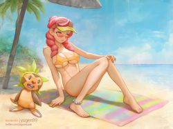 Rule 34 | alternate costume, arm support, barefoot, beach towel, beach umbrella, bead anklet, breasts, chespin, closed mouth, cloud, covered erect nipples, creatures (company), day, game freak, gen 6 pokemon, knees together feet apart, long hair, looking over eyewear, looking over glasses, malva (pokemon), navel, nintendo, ocean, one-piece swimsuit, orange-tinted eyewear, orange-tinted glasses, outdoors, palm tree, pink hair, pokemon, pokemon (creature), pokemon xy, shore, sitting, sky, sunglasses, swimsuit, tinted eyewear, toes, towel, tree, umbrella, visor cap, water, yellow one-piece swimsuit, yugen99