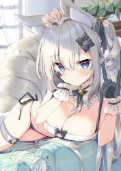 Rule 34 | 1girl, \n/, animal ears, bare arms, bare shoulders, bikini, black bikini, black bow, black gloves, blue eyes, bow, bowtie, breasts, brooch, cleavage, closed mouth, commentary, detached collar, drill hair, expressionless, fox ears, fox girl, fox tail, gloves, hair bow, hand on own cheek, hand on own face, hands up, headdress, highres, holding, holding strap, jewelry, kitsune, lace trim, large breasts, long hair, looking at viewer, lying, mismatched bikini, multiple tails, natsuki marina, navel, on side, one side up, original, side-tie bikini bottom, solo, stomach, string bikini, swimsuit, tail, thigh strap, thighs, white bikini, white hair, wrist cuffs