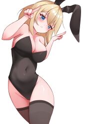 Rule 34 | 1girl, :o, animal ears, bare shoulders, black thighhighs, blonde hair, blue eyes, blush, breasts, cleavage, covered navel, highleg, highleg leotard, highres, hololive, hololive english, index fingers raised, large breasts, leaning to the side, leotard, looking down, medium hair, mole, mole on breast, playboy bunny, rabbit ears, rabbit pose, simple background, skaarl (artist), solo, swept bangs, thighhighs, virtual youtuber, watson amelia, white background