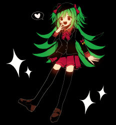 Rule 34 | 1girl, black background, black eyes, black jacket, black thighhighs, bow, brown footwear, fang, full body, green hair, hair bow, half updo, heart, highres, jacket, lime (witch&#039;s heart), loafers, long hair, marukura, multiple hair bows, open mouth, red bow, red shirt, red skirt, shirt, shoes, short twintails, skirt, smile, solo, speech bubble, spoken heart, teeth, thighhighs, twintails, witch&#039;s heart