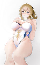 Rule 34 | 1girl, absurdres, bare shoulders, blonde hair, blue eyes, blush, breasts, cleavage, detached collar, earrings, genshin impact, hair between eyes, hands on own chest, highleg, highleg swimsuit, highres, jean (genshin impact), jewelry, large breasts, looking at viewer, minoru amayi, one-piece swimsuit, ponytail, sidelocks, swimsuit, thighs, white one-piece swimsuit