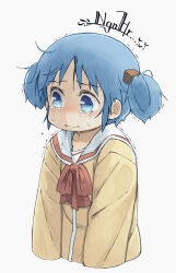 Rule 34 | 1girl, arawi keiichi (style), blue eyes, blue hair, blush, closed mouth, collarbone, crying, crying with eyes open, frown, highres, long sleeves, medium hair, naganohara mio, nichijou, nishimura (prism engine), nose blush, red ribbon, ribbon, sailor collar, school uniform, short twintails, simple background, solo, tears, twintails, upper body, white background, white sailor collar