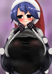 Rule 34 | 1girl, absurdres, black gloves, blue eyes, blue hair, blush, breasts, doremy sweet, gloves, hat, highres, ise corridor, large breasts, nightcap, purple background, red hat, short hair, simple background, solo, sweater, touhou