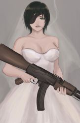 Rule 34 | 1girl, ak-47, assault rifle, black hair, breasts, bridal veil, chainsaw man, cigarette, cleavage, dress, eyepatch, finger on trigger, green eyes, grey background, gun, highres, himeno (chainsaw man), holding, holding gun, holding weapon, kalashnikov rifle, looking at viewer, medium breasts, one eye covered, rifle, short hair, simple background, sleeveless, smoke, smoking, solo, standing, strapless, veil, weapon, wedding dress, yamikon1003