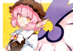 1girl :d animal_ears bird_ears bird_wings bow brown_hat collared_shirt earrings hat highres jewelry looking_at_viewer mob_cap mystia_lorelei open_mouth pink_bow pink_eyes pink_hair qqqrinkappp shirt short_hair single_earring smile solo touhou upper_body white_shirt wings yellow_background