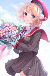 Rule 34 | 1girl, beret, blonde hair, blush, bouquet, braid, buttons, closed mouth, collared shirt, cowboy shot, double-breasted, dress shirt, flower, green eyes, grey jacket, grey skirt, hair ornament, hat, highres, holding, holding bouquet, indie virtual youtuber, jacket, long sleeves, looking at viewer, miniskirt, neck ribbon, pinstripe jacket, pinstripe pattern, pinstripe skirt, pom pom (clothes), pom pom hair ornament, red hat, ribbon, sailor collar, school uniform, shigure ui (vtuber), shigure ui (vtuber) (1st costume), shirt, short hair, side braid, skirt, smile, solo, striped, takuo, virtual youtuber, white shirt