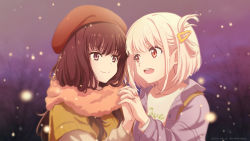 Rule 34 | 2girls, absurdres, bamboo (akimotoaki), beret, black hair, blonde hair, blurry, blurry background, brown headwear, dark background, dated, eye contact, hair ornament, hairclip, happy, hat, highres, holding hands, inoue takina, interlocked fingers, jacket, long hair, looking at another, lycoris recoil, multiple girls, nishikigi chisato, open mouth, purple eyes, red eyes, scarf, shirt, smile, snowing