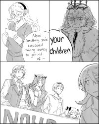 Rule 34 | 3boys, 3girls, breasts, brother and sister, brothers, camilla (fire emblem), cleavage, comic, corrin (female) (fire emblem), corrin (fire emblem), crown, dlanon, elise (fire emblem), english text, family, family feud, father and daughter, father and son, fire emblem, fire emblem fates, frown, garon (fire emblem), greyscale, hair over one eye, hairband, leo (fire emblem), monochrome, multiple boys, multiple girls, nintendo, open mouth, pointy ears, shaded face, siblings, sisters, sweat, wavy hair, xander (fire emblem)