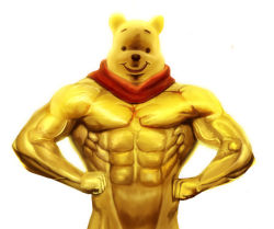 Rule 34 | abs, bear, colored skin, disney, hands on own hips, looking at viewer, manly, muscular, no humans, pooh, scarf, simple background, smile, solid circle eyes, taka (takahirokun), veins, what, white background, winnie the pooh, yellow skin