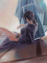 Rule 34 | 2boys, black hair, black kimono, blue coat, blue kimono, coat, copyright request, dated, dutch angle, facing away, head out of frame, highres, implied yaoi, japanese clothes, kimono, knee up, long sleeves, low ponytail, multiple boys, natsuhiro, no shoes, on ground, ponytail, reclining, sash, sidelocks, signature, solo focus, standing, tabi, tatami