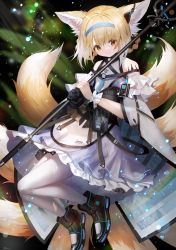 Rule 34 | animal ear fluff, animal ears, arknights, bad id, bad pixiv id, belt, belt pouch, black footwear, black gloves, blonde hair, blue hairband, boots, braid, burnt clothes, bush, capelet, commentary, commentary request, dress, earphones, english commentary, eyebrows, fox ears, fox tail, frilled dress, frills, full body, gloves, green eyes, hairband, head tilt, headwear request, highres, holding, holding staff, id card, infection monitor (arknights), kitsune, knees together feet apart, kyuubi, light rays, looking at viewer, medium hair, multicolored hair, multiple tails, outdoors, pantyhose, partial commentary, plant, pouch, scrunchie, shoes, sidelocks, single glove, smile, solo, staff, strap, suzuran (arknights), tail, torn capelet, torn clothes, torn dress, twin braids, two-tone hair, weapon, white capelet, white dress, white hair, white pantyhose, white scrunchie, white tail, white wristband, wristband, xin (xin)