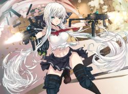 Rule 34 | 1girl, :o, aqua eyes, b&amp;t mp9, black thighhighs, casing ejection, dual wielding, explosive, gloves, grenade, gun, h&amp;k mp7, heckler &amp; koch, holding, holster, long hair, midriff, navel, original, outstretched arms, panzer (p.z), personal defense weapon, school uniform, serafuku, shell casing, skirt, solo, submachine gun, thigh holster, thighhighs, torn clothes, twintails, very long hair, weapon, white hair