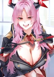 Rule 34 | 1girl, absurdres, black gloves, black jacket, blue archive, blush, bra, bra peek, breasts, cleavage, eyeliner, gloves, half gloves, halo, highres, horns, huge breasts, jacket, lace, lace-trimmed bra, lace trim, len (hand linke), long hair, makeup, mole, mole on breast, necktie, open mouth, parted bangs, partially unbuttoned, pink eyes, pointer, red eyes, satsuki (blue archive), smile, solo, underwear