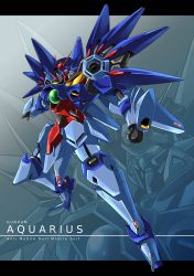 Rule 34 | altronage, character name, clenched hand, english text, floating, glowing, glowing eyes, gundam, gundam aquarius, gundam build divers, gundam build divers re:rise, highres, leg up, letterboxed, mecha, no humans, open hand, orange eyes, original, robot, solo, v-fin, zoom layer