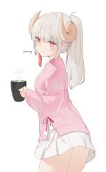 Rule 34 | 1girl, absurdres, artist name, bottomless, choyeon, closed mouth, commentary, cowboy shot, cup, curled horns, frilled skirt, frills, hair between eyes, highres, holding, holding cup, horns, light blush, long sleeves, looking at viewer, looking back, mole, mole under eye, mug, original, pink shirt, ponytail, red eyes, shadow, shirt, sidelocks, simple background, skirt, smile, solo, split mouth, thick eyebrows, thighs, white background, white hair, white skirt, wide sleeves