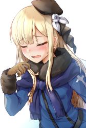 Rule 34 | 1girl, beret, black hat, black ribbon, blonde hair, blue coat, blush, brown gloves, closed eyes, coat, commentary request, facing viewer, fate (series), flower, fringe trim, gloves, hair flower, hair ornament, hair ribbon, hand up, hat, highres, long hair, long sleeves, lord el-melloi ii case files, open mouth, reines el-melloi archisorte, ribbon, rose, samoore, sidelocks, simple background, sleeves past wrists, solo, sweat, tilted headwear, very long hair, white background, white flower, white rose