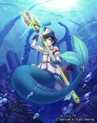 Rule 34 | 1girl, battle siren dorothea, black hair, blue eyes, bubble, cardfight!! vanguard, chain, company name, coral, epaulettes, gloves, hat, mermaid, military, military uniform, monster girl, official art, pointy ears, polearm, solo, terumii, trident, underwater, uniform, weapon