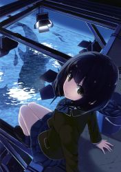 Rule 34 | 1girl, absurdres, aquarium, black hair, black skirt, black socks, blue bow, blue bowtie, blunt bangs, bow, bowtie, brown eyes, brown footwear, brown jacket, bucket, buttons, closed mouth, fingernails, fish, from above, highres, jacket, loafers, long sleeves, looking at viewer, looking up, miniskirt, night, original, outdoors, pleated skirt, reclining, school uniform, shirt, shoes, short hair, sitting, skirt, smile, socks, solo, unasaka ryou, water, white shirt