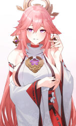 Rule 34 | 1girl, bare shoulders, blush, breasts, commentary request, eyelashes, eyes visible through hair, fox girl, genshin impact, hair ornament, hand on own chest, highres, japanese clothes, large breasts, long hair, looking at viewer, miko, parted lips, pink hair, purple eyes, raitho, sideboob, smile, solo, vision (genshin impact), white background, yae miko