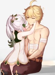 Rule 34 | 1boy, 1girl, ?, absurdres, aether (genshin impact), ahoge, bandaged arm, bandaged hand, bandages, bare shoulders, blush, braid, closed mouth, collarbone, ear blush, genshin impact, gradient hair, green hair, hair ornament, hand on another&#039;s cheek, hand on another&#039;s face, highres, leaf hair ornament, looking at another, mockingeu, multicolored hair, nahida (genshin impact), navel, one eye closed, pointy ears, ponytail, sitting, white hair, yellow eyes