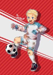 Rule 34 | 1boy, absurdres, ball, bandaid, bandaid on face, bandaid on nose, blonde hair, blue eyes, blush, dirty, dirty clothes, dirty face, eyebrows, full body, gloves, highres, looking at viewer, male focus, open mouth, original, shorts, smile, soccer, soccer ball, soccer uniform, solo, sportswear, telstar, zxanzai
