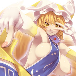 Rule 34 | 1girl, armpits, blonde hair, breast slip, breasts, covered erect nipples, elbow gloves, female focus, fingerless gloves, foreshortening, fox tail, gloves, hat, highres, large breasts, multiple tails, naked tabard, nipples, ofuda, one breast out, pointing, short hair, sideboob, smile, solo, symbol-shaped pupils, tabard, tail, touhou, tro, upper body, v, v over eye, white gloves, yakumo ran, yellow eyes