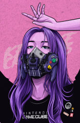 1girl arms_up bad_hands black_shirt blackpink blue_eyes commentary forehead game_console gamecube gamecube_controller highres kensuke_creations mask mouth_mask pin pink_background portrait purple_hair real_life rose_(blackpink) shirt solo