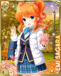 Rule 34 | 1girl, bag, bench, blue bow, blue eyes, blue jacket, blue skirt, bow, bowtie, breasts, card (medium), character name, chocolate, coat, day, female focus, girlfriend (kari), holding, jacket, lamppost, large breasts, looking at viewer, medium hair, official art, open mouth, orange hair, outdoors, park, plaid, plaid skirt, qp:flapper, sagara emi, school uniform, shirt, skirt, smile, socks, standing, sunset, tagme, tree, twintails, valentine, waving, white shirt, winter clothes, winter coat
