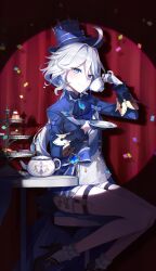Rule 34 | 1girl, absurdres, ahoge, ascot, bare legs, blue ascot, blue eyes, blue hat, blue jacket, brooch, commentary, confetti, cup, curtains, furina (genshin impact), genshin impact, hair intakes, hat, highres, holding, holding cup, holding saucer, jacket, jewelry, long hair, saucer, seri (serqxca), shirt, sitting, solo, teacup, teapot, thigh strap, tiered tray, top hat, very long hair, white hair, white shirt
