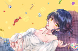 Rule 34 | 1girl, bad id, bad pixiv id, bare shoulders, black hair, blush, breasts, buttons, candy, candy cane, candy wrapper, chromatic aberration, cleavage, collarbone, commentary, crop top, cuna (qunya), denim, denim shorts, earrings, food, front-tie top, glint, hair between eyes, hand on own stomach, hand up, highres, holding, holding candy, holding food, holding lollipop, jewelry, lollipop, long sleeves, looking at viewer, lying, medium breasts, midriff, mouth hold, multicolored nails, nail polish, necklace, off shoulder, on back, original, pillow, shirt, short hair, shorts, sidelocks, sleeves past wrists, solo, stomach, swirl lollipop, symbol-only commentary, white shirt, yellow background, yellow eyes