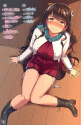 Rule 34 | 1girl, black footwear, black hair, blazer, blush, boots, breasts, cross-laced footwear, full body, garter straps, green scarf, hair ribbon, hairband, halterneck, jacket, kantai collection, lace-up boots, large breasts, long hair, looking at viewer, multicolored hair, naganami (kancolle), naganami kai ni (kancolle), pink hair, ribbon, satsuki neko, scarf, school uniform, sitting, solo, striped clothes, striped scarf, translation request, two-tone hair, wavy hair, white hairband, yellow ribbon