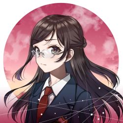 Rule 34 | bad id, bad pixiv id, blue jacket, boogiepop, brown eyes, brown hair, closed mouth, cloud, cloudy sky, collared shirt, commentary request, formal, glasses, gradient background, jacket, long hair, looking at viewer, minatoasu, necktie, red background, red necktie, shirt, sky, solo, suema kazuko, suit, upper body, white background, white shirt