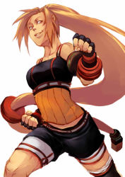 Rule 34 | 00s, 1girl, absurdly long hair, bare shoulders, blonde hair, breasts, clenched hands, dungeon and fighter, fighter (dungeon and fighter), fighting stance, fingerless gloves, gloves, hair ornament, knee brace, large breasts, long hair, low-tied long hair, rishangsangan, shorts, smile, solo, very long hair