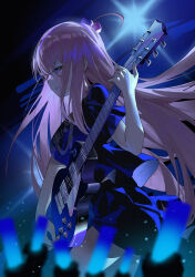 Rule 34 | 1girl, absurdres, akipopopopoon, alternate costume, audience, black shirt, black skirt, blue eyes, blurry, bocchi the rock!, breasts, cube hair ornament, electric guitar, floating clothes, floating hair, from side, gibson les paul, glowstick, gotoh hitori, guitar, hair between eyes, hair ornament, hair over shoulder, highres, instrument, large breasts, light particles, long hair, looking at viewer, one side up, pink hair, playing guitar, pleated skirt, shirt, skirt, very long hair