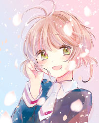 Rule 34 | 1girl, :d, antenna hair, bad id, bad pixiv id, blue shirt, brown hair, cardcaptor sakura, cherry blossoms, floating hair, grey eyes, hand in own hair, highres, kinomoto sakura, long sleeves, looking at viewer, necktie, open mouth, parted lips, portrait, sakuramoti0511, shirt, short hair, short necktie, smile, solo, white necktie
