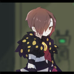 Rule 34 | 1boy, bandaged neck, bandages, black jacket, black shirt, blurry, blurry background, brown eyes, brown hair, closed mouth, collared shirt, commentary request, e.g.o (project moon), employee (project moon), fur-trimmed jacket, fur trim, hair over one eye, harvest fes, jacket, letterboxed, lobotomy corporation, long sleeves, male focus, open clothes, open jacket, project moon, red sweater, shirt, short hair, solo, sweater, upper body
