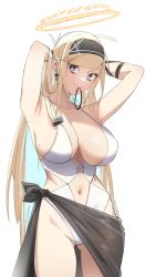 Rule 34 | 1girl, armpits, arms up, bare shoulders, behalter, bikini, black headband, blonde hair, blue eyes, blush, breasts, closed mouth, clothing cutout, collarbone, commentary, cross, cross earrings, ear piercing, earrings, halo, headband, highres, jewelry, large breasts, long hair, looking at viewer, mole, mole on breast, navel, navel cutout, original, piercing, raphael (behalter), simple background, smile, solo, standing, swimsuit, white background, white bikini