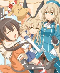 Rule 34 | &gt;:&lt;, 3girls, :&lt;, atago (kancolle), atago (kancolle) (cosplay), blonde hair, breasts, brown hair, chestnut mouth, closed mouth, cosplay, crossover, elbow gloves, fujioka-kuma (minami-ke), gloves, hairband, hat, kantai collection, large breasts, long hair, minami-ke, minami chiaki, minami haruka, minami kana, multiple girls, open mouth, pantyhose, parody, sendai (kancolle), sendai (kancolle) (cosplay), shimakaze (kancolle), shimakaze (kancolle) (cosplay), shimouki izui, siblings, sisters, striped clothes, striped legwear, striped thighhighs, thighhighs, two side up, v-shaped eyebrows