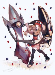 Rule 34 | 1girl, :d, aegislash, alternate color, amezawa koma, artist name, black thighhighs, boots, brown hair, closed eyes, commentary request, confetti, creatures (company), cross-laced footwear, dancing, dated, eyewear on headwear, floating, game freak, gen 6 pokemon, hat, highres, long hair, nintendo, open mouth, pokemon, pokemon (creature), pokemon xy, red headwear, red skirt, serena (pokemon), shiny pokemon, simple background, skirt, smile, sunglasses, thighhighs, white-framed eyewear, white background