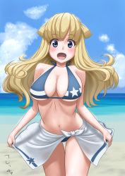 Rule 34 | 1girl, alternate color, beach, bikini, blonde hair, blue bikini, blue eyes, blue sky, breasts, clothes lift, cloud, commentary request, cowboy shot, day, double bun, fletcher (kancolle), highres, horizon, kantai collection, large breasts, long hair, looking at viewer, ocean, open mouth, outdoors, sarong, sarong lift, sky, smile, solo, star (symbol), star print, swimsuit, t2r, white sarong