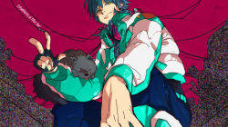 Rule 34 | 10s, 1boy, bad id, bad pixiv id, blue hair, collar, dog, dramatical murder, fingerless gloves, from below, gloves, headphones, headphones around neck, honey92, jacket, long hair, looking at viewer, male focus, ren (dramatical murder), seragaki aoba, single glove, smile, solo, spiked collar, spikes, squatting, tongue, tongue out, wire, yellow eyes