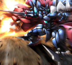 Rule 34 | absurdres, cape, explosion, haganef, highres, holding, holding sword, holding weapon, huge filesize, mecha, no humans, open hand, red cape, red eyes, robot, solo, super robot, super robot wars, super robot wars original generation, sword, v-fin, vaisaga, weapon
