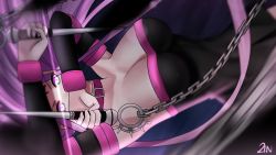 Rule 34 | 1girl, armpits, arms up, bare shoulders, black dress, black thighhighs, breasts, chain, cleavage, collar, detached sleeves, dress, facial mark, fate/stay night, fate (series), forehead, forehead mark, highres, large breasts, long hair, looking at viewer, medusa (fate), medusa (rider) (fate), nameless dagger (fate), parted bangs, purple eyes, purple hair, ribs, short dress, sidelocks, solo, square pupils, thighhighs, thighs, very long hair, zinfian