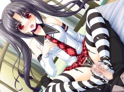 Rule 34 | 1boy, 1girl, amami akira (fake azure arcology), asami asami, censored, cum, cum on body, cum on lower body, fake azure arcology, feet, footjob, game cg, hetero, indoors, no shoes, penis, school uniform, striped clothes, striped thighhighs, thighhighs, twintails