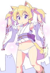 Rule 34 | 1girl, :o, animal ears, bare shoulders, blonde hair, blue eyes, blush, bunching hair, commentary request, detached sleeves, feet out of frame, fox ears, fox girl, fox tail, hair between eyes, highres, japanese clothes, kimono, long hair, long sleeves, looking at viewer, navel, no pants, obi, original, panties, parted lips, ribbon-trimmed sleeves, ribbon trim, roku no hito, sash, sleeveless, sleeveless kimono, solo, standing, sweat, tail, twintails, underwear, white kimono, white panties, white sleeves, wide sleeves